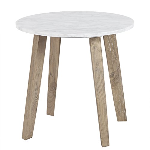 Madison Park Milo Accent Round Marble Tabletop With Natural Wooden Legs Mid-Century Modern Style Side/End Table, 20 Inch Wide, White #TOP2