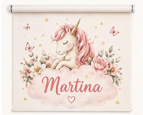 Estores Iroa - Estor Enrollable Infantil Niña Personalizado con Nombre – Unicornio Martina – Tejido Translucido Calidad - Decoración Habitación Infantil – Hecho en España