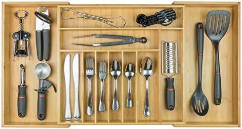 KitchenEdge Taca na sztućce i organizer na przybory kuchenne do szuflad kuchennych, możliwość rozszerzenia do 83 cm szerokości, 11 przegródek, 100% bambus