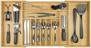 KitchenEdge Taca na sztućce i organizer na przybory kuchenne do szuflad kuchennych, możliwość rozszerzenia do 83 cm szerokości, 11 przegródek, 100% bambus