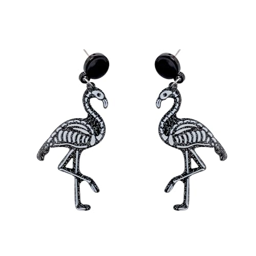Unique Black Flamingo Skeleton Halloween Dangle Drop Earrings for Women Men Punk Animal Gothic Lightweight Dangling Round Disc Stud Hypoallergenic Fashion Party Jewelry Gift - Main Image