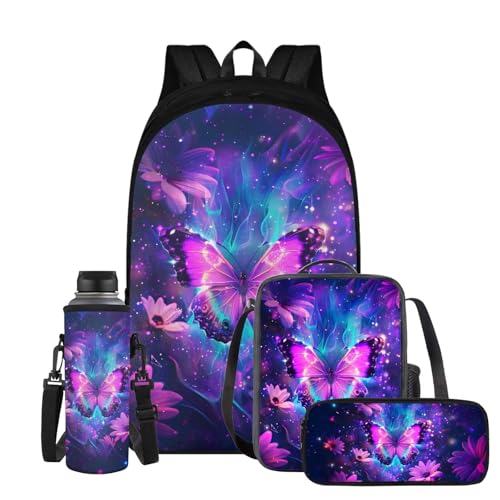 Butterfly Cute Backpacks for Teen Girls 17 inch 4 Pcs Book Bag Set Convenient Enhancing Learning Experience Lightweight Large Capacity Schoolbag Suit for Elementary Middle Student