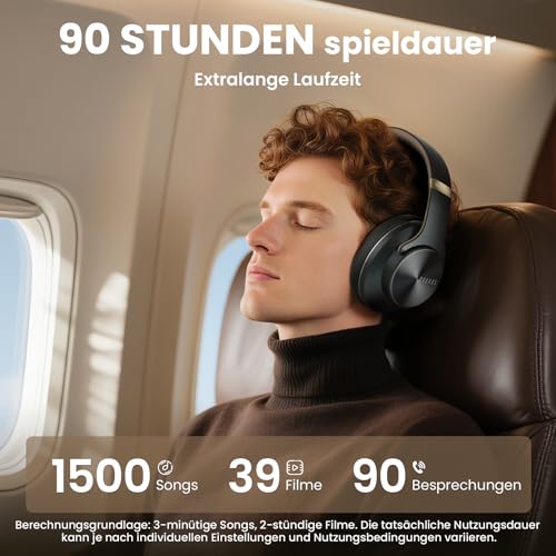DOQAUS Kopfhörer Kabellose Bluetooth, Bluetooth Kopfhörer Over Ear mit App Steuerung & 9 EQ Modi, 90 Std. Akkulaufzeit, HiFi Stereo Bass, Leicht Faltbar mit Mikrofon, für Reisen, Arbeit & Alltag, Grau