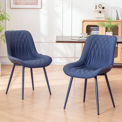 Image of YOUNIKE Dining Chairs Set of 2 Kitchen & Dining Room Chairs Modern Blue | Faux leather waterproof, comfortable accent side chairs with upholstered back and metal legs, easy to clean assemble; 300lb
