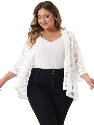 Image of Agnes Orinda Women Plus Size Open Front Lace Cardigans | 3 /4 Bell Sleeve Sheer Formal Bolero Shrugs Lightweight Floral Crochet Cover Up
