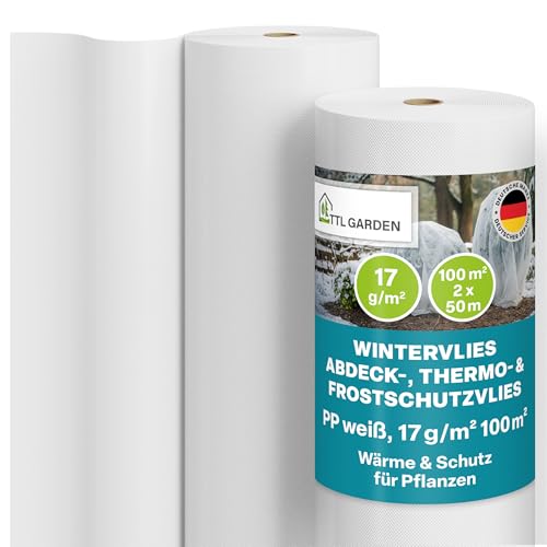 TTL Garden 17g/m² Wintervlies 100m² 2m x 50m weiß – Frostschutz Thermovlies Gartenvlies Winterschutz für Pflanzen außen – Pflanzenvlies Pflanzenschutz Winter Kübel & Hochbeet