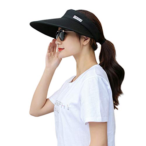 MB-LANHUA Womens Summer Ultra-Large Wide Brim Color Block Sun Visor Hat Letters Impreso Plegable Redondo Vacío Top Ciclismo Beach Cap Ajustable 4 Colores Pure Black