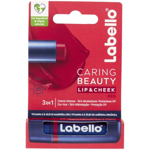 Labello Caring Beauty Lip & Cheek Red 4.8g Lippen- und Wangen-Lippenbalsam mit einer roten Note, getönter Lippenbalsam und Blush Stick 2 in 1, feuchtigkeitsspendender Lip Balm mit LSF 30 Schutz