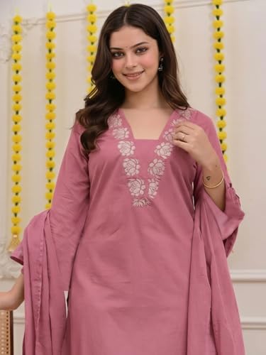 Image of ANNI Designer Pure Cotton Embroidered Kurta Set for Women | Rust Orange Kurta with Pants & Dupatta | Floral Neck & Hem Embroidery | Cotton Kurta Set for Women | 10 Colour Options Available
