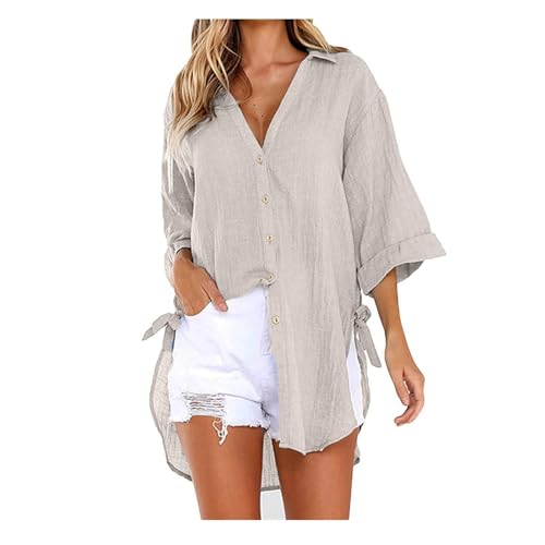 Cotton Linen Button Shirt for Women Summer Short Sleeve Collared V Neck Blouses Casual Asymmetrical Tops