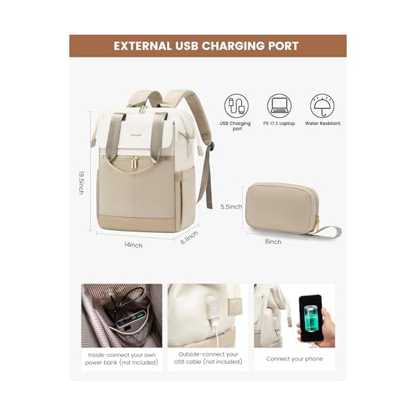 LOVEVOOK 17.3 Inch Laptop Backpack for Women, Large Capacity Travel Backpack with Organizer Bag, Waterproof Carry on Backpack Work Bag with USB Port, Teacher Nurse Backpack Purse, Beige-Khaki - Image 5