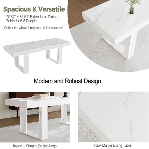 STHOUYN White Marble Extendable Dining Room Table for 8 10, 70.9\" (86.6\") x 31.5\", Rectangle Dinner Table for 6-10, Modern Expandable Retractable Kitchen Table (White)
