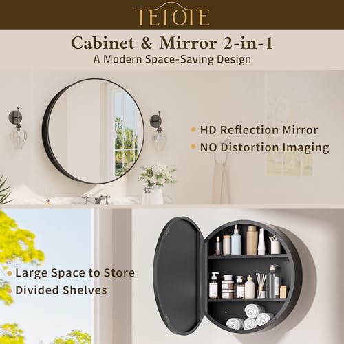 Image of TETOTE Bathroom Mirror Cabinet 30 x 30 Black Round Bathroom Medicine Cabinet with Mirror Adjustable Shelves Farmhouse Wall Mirror with Storage Surface Mounted