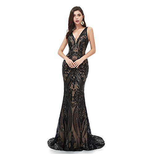 Datangep Sequins V Neck Mermaid Evening Dress Party Trumpet Prom Gowns Lace-up Bride Bridesmaid Dresses