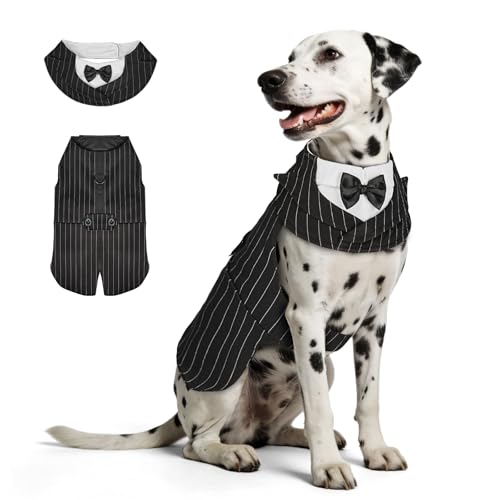 Supet Dog Tuxedo and Bandana Set with Bow Tie, Formal Outfit for Wedding Birthday Party Graduation Valentines, Pet Suit Clothes for Large Medium Small Dogs (Striped, 2XL)