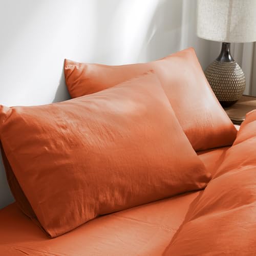 TUMEI 100% Linen Bed Pillow Cases Queen Size(25.9820.08) - Set of 2 Linen Standard Pillow Covers Washed Solid Color Natural Flax Soft Breathable Caramel Queen