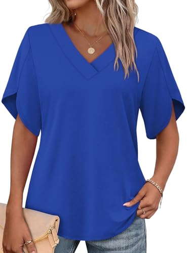 WIHOLL Tops for Women Trendy Tshirt Shirts Short Sleeve V Neck Womens Blouses Summer Outfits Spring Tops Fahion Clothing Business Casual Royal XL