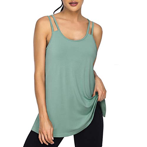 Cestyle Yoga Tops for Women, Summer Women's Plus Size Knit Tank Tops with Built in Shelf Bra Lady Round Neck Slim Fit Racerback Spaghetti Straps Shirt Green X-Large