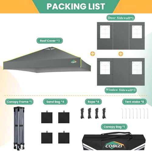 Image of COBIZI 10x10 Pop Up Canopy - One Push Setup Tent, Glow Strips, 4 Sidewalls