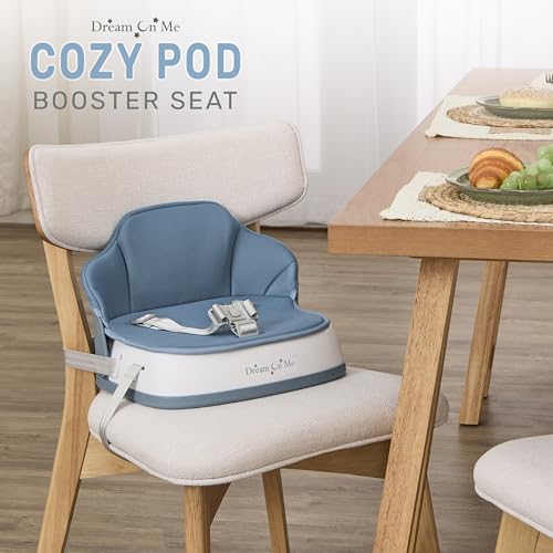 Image of Dream On Me Cozy Pod Baby Booster Seat for 6-36 Months, Portable Travel Booster Chair with 3-Point Safety Harness & 2 Fixing Belts, for Table & Dining, Lightweight Foldable & Easy to Carry - Blue
