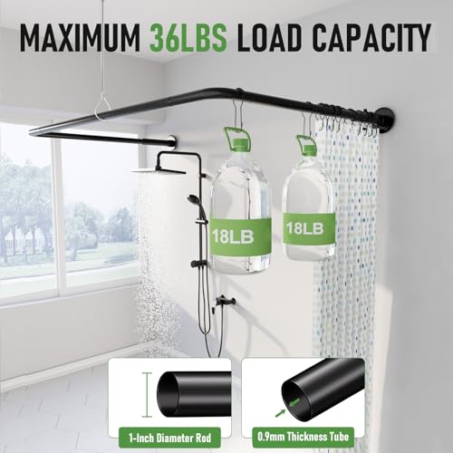 U Shaped Shower Curtain Rod, [Both Sides: 23-52, Middle: 31-46.5] Adjustable U Shape Shower Rod Black Outdoor Corner Curtain Pole for Bathroom Bathtub with Ceiling Support & 12 Hooks
