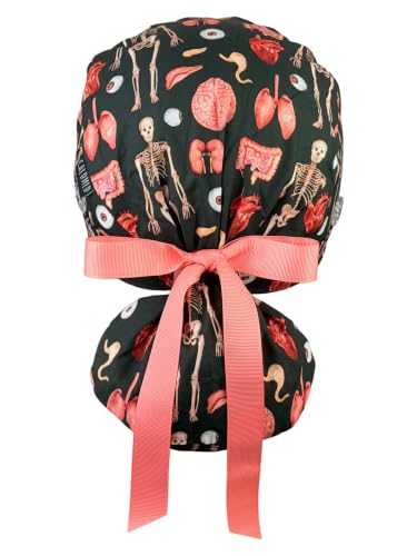 Image of Scrub Cap for Women and Men, Ponytail Scrub Caps, Working Hat, Head Cover with Ribbon Ties and Buttons, Long Hair
