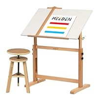 MEEDEN Whiteboard Zeichentisch Set mit Hocker, höhenverstellbarer Künstlerholzschemel und Handwerktisch, neigbare Tischplatte des Zeichenisches, ideal für Schreiben, Kunstwerke und Künstleratelier