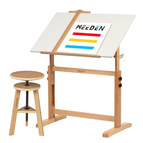 MEEDEN Biały stół kreślarski i zestaw stołków: 90 cm x 59,7 cm drewno bukowe z regulacją wysokości biurko artystyczne z półką ołówkową i linijką - duże odchylane stoły do rysowania dla dorosłych