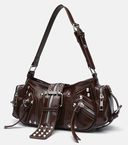 Women's Y2K Shoulder Crossbody Bag Goth Studded Purse Leather Hobo Satchel Purse with Buckle Rivet Punk Tote Handbag2