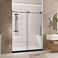 Shower Door 60 "W x 76" H Frameless Single Sliding Shower Door, 1/4 "(6 mm) Clear Tempered Glass, Explosion Proof Film, Stainless Steel Handle Round Tube Track, Matte Black Finish