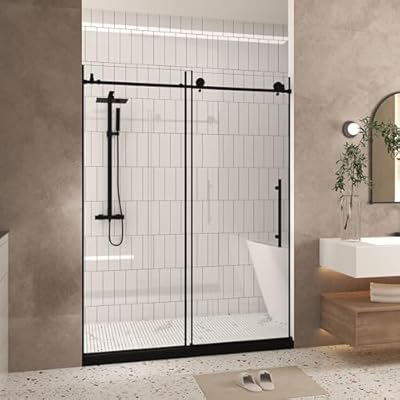 Shower Door 60 "W x 76" H Frameless Single Sliding Shower Door, 1/4 "(6 mm) Clear Tempered Glass, Explosion Proof Film, Stainless Steel Handle Round Tube Track, Matte Black Finish