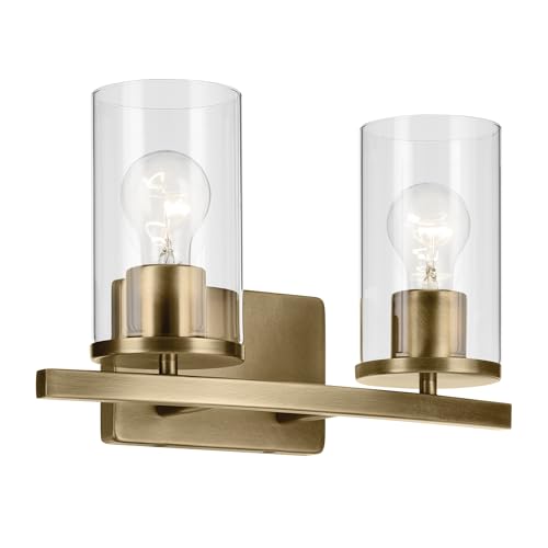 Image of Kichler Crosby 15.25 inch 2-Light Bathroom Vanity Light Fixture with Clear Glass in Natural Brass for Powder Room, Modern Wall Mount Light (15.25 inch x 8.75 inch), 45496NBRCLR