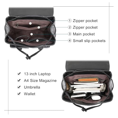 Image of COOLCY Women Vintage Genuine Leather Backpack Purse Fashion Rucksack Practical and Stylish Retro Daypack Bag (Black)