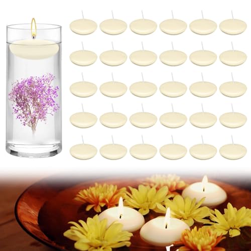40 candele galleggianti di cera bianca, candele galleggianti da 1,5 pollici, candele galleggianti per 1 ora, senza fumo, candele galleggianti, inodori, piccole per spa, cena (avorio)