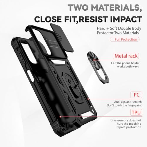 for Samsung Galaxy A25 5G Case, Soft Silicone Rubber Bumper Hard Plastic Phone Case with [Sliding Camera Lens Cover] [360° Rotatable Kickstand Ring] [HD Screen Protector] for Galaxy A25 5G Black by Androgate - Image 8