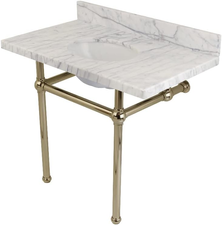 Kingston Brass KVPB3630MB6 Templeton 36" x 22" Carrara Marble Vanity Top with Brass Console Legs, Carrara Marble/Polished Nickel
