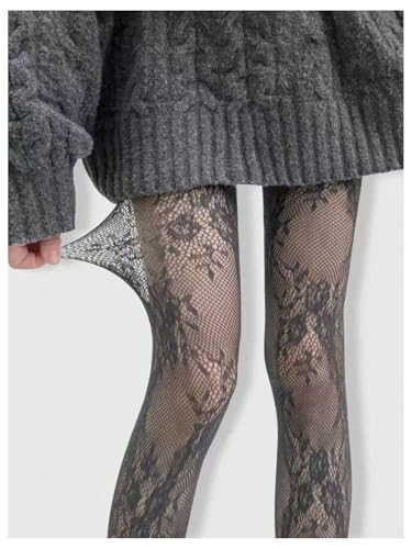 Image of RoseSeek Women's Floral Lace Fishnet Tights Kawaii Y2K See Through Stocking | Sheer Mesh, Lace Tights, Floral Lace Fishnet Tights, Thigh Highs, Leggings, Y2K Stockings