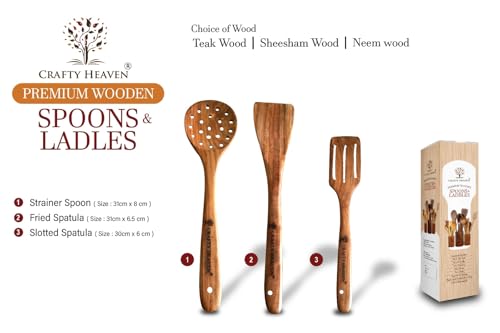 Image of Wooden Cooking Spoons Utensils, Sheesham Wood Kitchen Tools Stainer and Spatulas BPA Free (Set of 3)