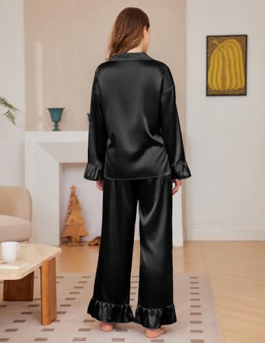 Ekouaer Satin Pajamas for Women Silk Pjs Long Sleeve Lounge Set with Ruffle - image 3