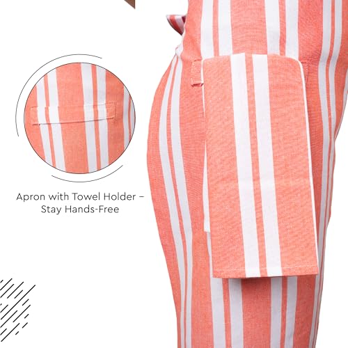 Image of Encasa XO Cotton Cooking kitchen Apron for Women and Men chef apron With adjustable neckstrap, Pocket & Towel Holder for Easy cooking, Baking, BBQ, Gardening- Franca Orange Stripes, 68x85 cm