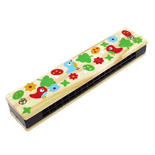 Wood Birds Flowers Print Dual Rows 32 Hole Child Harmonica Mouth Organ