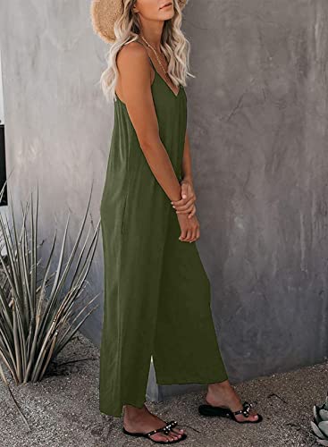 Happy Sailed Womens Summer Solid Sleeveless Wide Leg Jumpsuits Spaghetti Strap Stretchy Long Pant Rompers Jersey Small A Green #TOP3