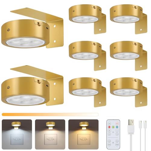 Lightess 8 Rechargeable Picture Lights for Wall 3 Color Temperatures Battery Operated Picture Lights Dimmable Remote&Touch Control Timing Painting Light for Poster-Gold