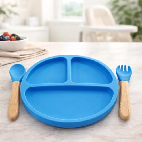 Image of BabyGo Silicone Suction Plate with Spoon for Babies | Microwave, Dishwasher & Freezer Safe | Unbreakable Feeding Plate with 4 Suction Cups for Babies & Toddlers | BPA-Free (Blue)