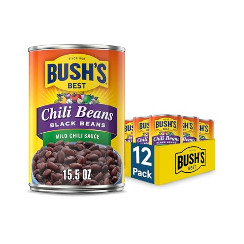 Image of BUSH'S BEST 15.5 oz Canned Black Chili Bean /Mild, Source of Plant Based Protein and Fiber, Low Fat, Gluten Free, (Pack of 12)