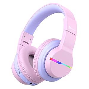 iClever BTH12 Kids Bluetooth Headphones,Colorful LED Lights Wireless Kids Headphones,74/85/94dB Volume Limited,55H Playtime,Bluetooth 5.2,Over Ear Headphones Built-in Mic for iPad/Tablet/Airplane,Pink