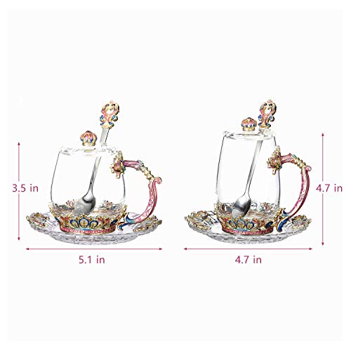Crystal Flower Tea Cups, Coffee Cup Mug Set, Including 2 Fancy Crystal Teacups with Spoon, Lid (11oz & 12oz) and Crystal Coaster, Gift Box Package, A Great Gift Present Idea