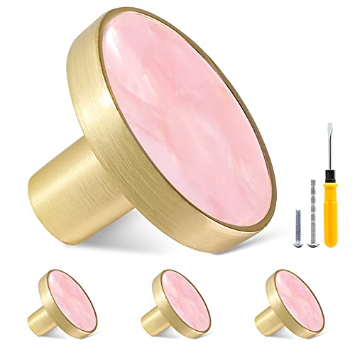 Cionyce 4 Pack Gold Knobs for Dresser Drawers, Brass Round Cabinet Knobs for Kitchen Cabinet Cupboard Door Decorative Furniture Hardware, 1-1/4" Diameter, Pink