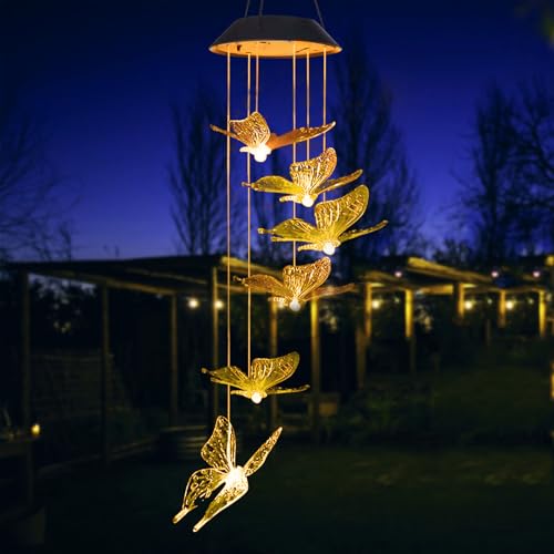 ZVO Carillon éolien solaire de jardin - Papillons solaires à suspendre à l'extérieur - Décoration de balcon - Lampe suspendue pour maman grand-mère...