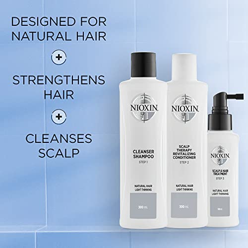 Nioxin System Kit 1, Hair Strengthening & Thickening Treatment, Treats & Hydrates Sensitive Or Dry Scalp, Reduces Hair Breakage, For Natural Hair With Light Thinning, Full Size (3 Month Supply) #TOP1